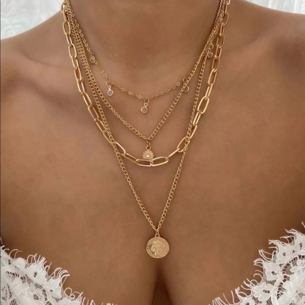 New 18k Gold Tone Layered Necklace Chocker Pendant - Picture 2 of 4